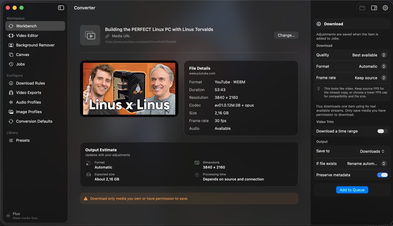 Flux media workbench showing a download ready to add to the processing queue