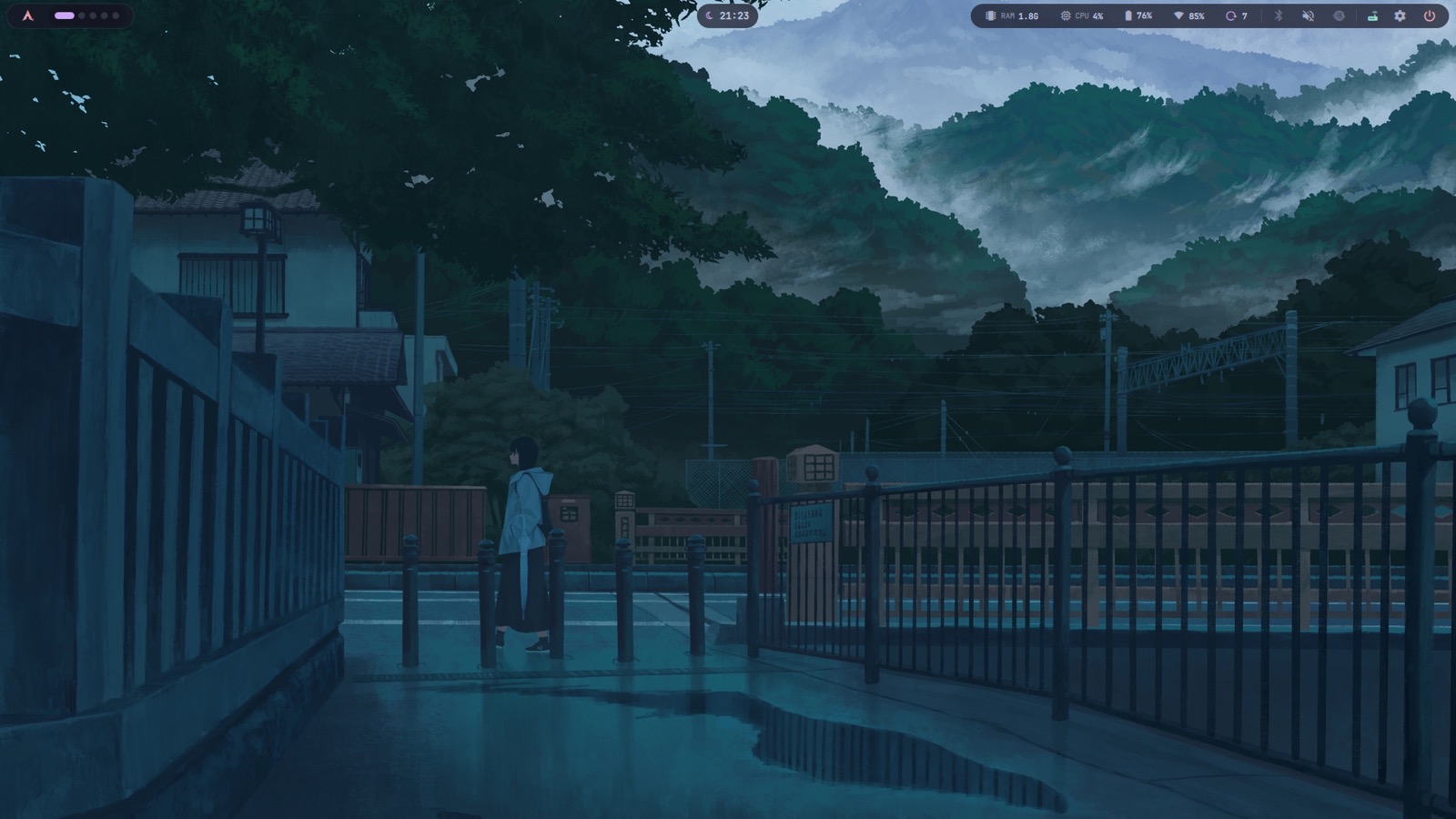 Moonlit Shell desktop with its top bar over a nocturnal landscape